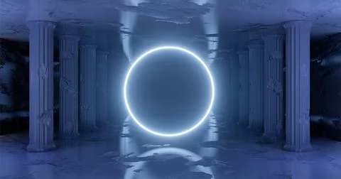 3d rendering. Marble hall with damaged old columns illuminated with light blu Stock Illustration