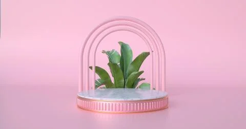 3d rendering of marble podium and banana leaves. Illustrazione stock