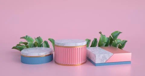 3d rendering of marble podium and banana leaves. Stock Illustration