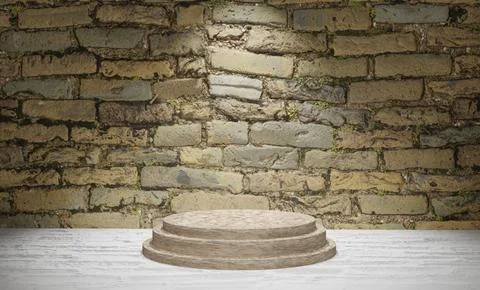 3D rendering of a marble podium under the limelight against a stone wall Stock Illustration