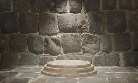 3D rendering of a marble podium under the limelight against a stone wall Stock Illustration