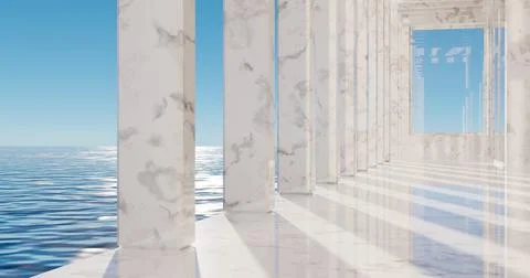 3d rendering. Marble structure with columns against the backdrop of the ocean Illustrazione stock