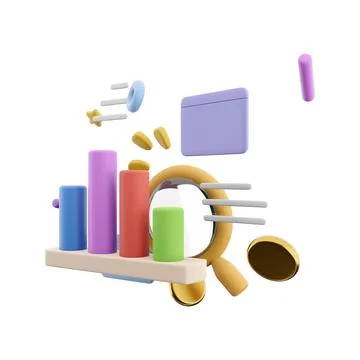 3d rendering marketing research with chart and a magnifying glass icon. 3d Stock Illustration