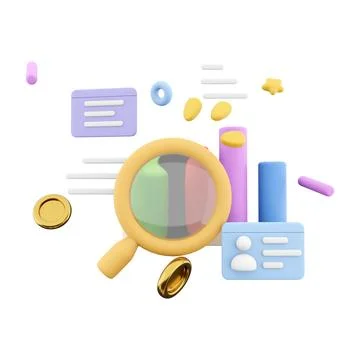 3d rendering marketing research with chart and a magnifying glass icon. 3d Stock Illustration