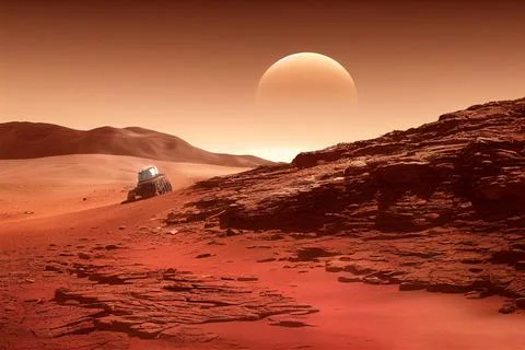 3D rendering of a Mars exploration rover moving on the planet Ilustración de archivo