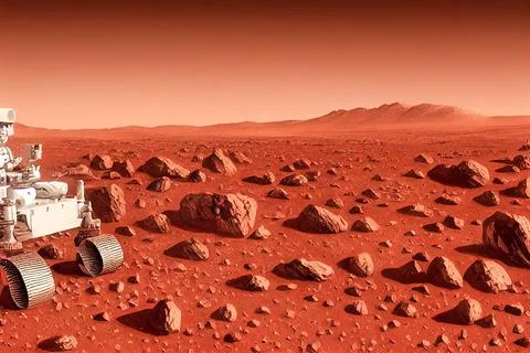 3D rendering of a Mars exploration rover moving on the planet Ilustración de archivo
