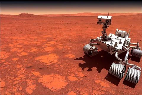 3D rendering of a Mars exploration rover moving on the planet Ilustración de archivo