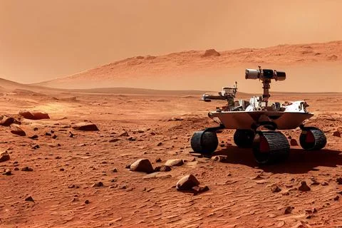 3D rendering of a Mars exploration rover moving on the planet Ilustración de archivo