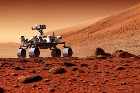 3D rendering of a Mars exploration rover moving on the planet Ilustración de archivo