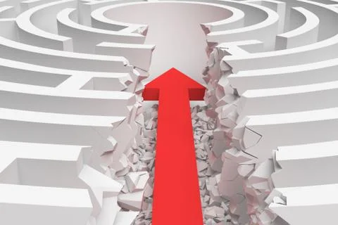 3d rendering of a maze with a red arrow borrowing to the center in closeup view Stock Illustration