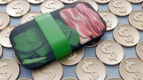 A 3d rendering of meal box containing spinach and meat over gold dollar coins. Stock Illustration