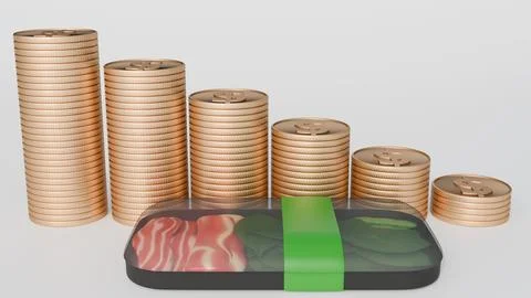 A 3d rendering of meal box containing spinach and meat over gold dollar coins. Stock Illustration