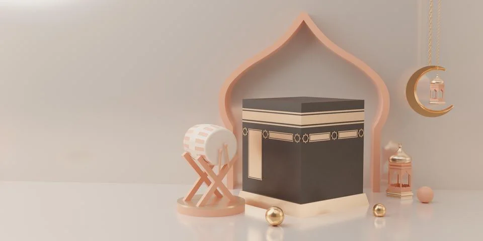 3d rendering mecca pilgrimage kaaba Eid al fitr or ramadan sale banner social Stock Illustration