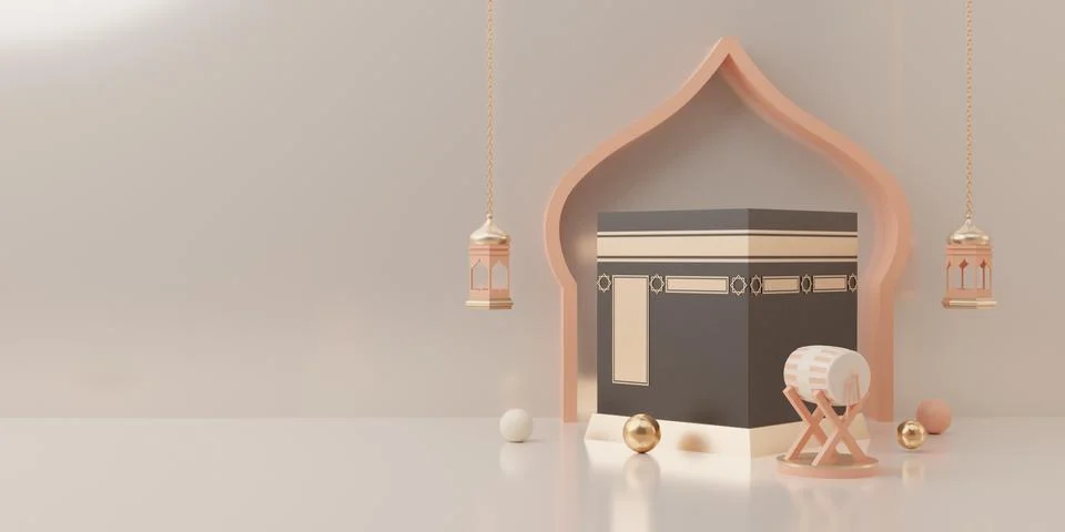 3d rendering mecca pilgrimage kaaba Eid al fitr or ramadan sale banner social Stock Illustration