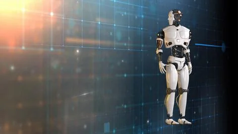 3d rendering of Mechanical Minds, AI robots amid a web of complex algorithm.. Stock Illustration