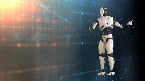 3d rendering of Mechanical Minds, AI robots amid a web of complex algorithm.. Stock Illustration