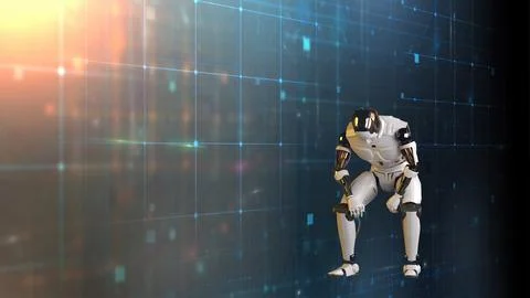 3d rendering of Mechanical Minds, AI robots amid a web of complex algorithm.. Foto stock