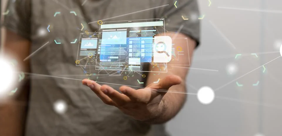 3d rendering of media develop interface web application in hand with free spa Foto stock