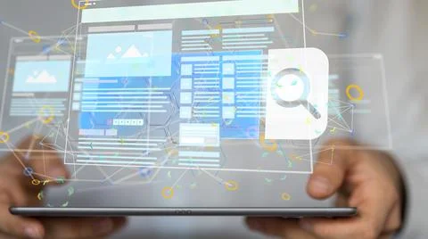 3d rendering of media develop interface web application in hand on a tablet Stock Photos