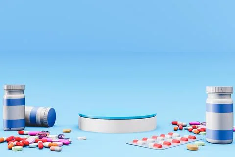 3D rendering of medicines scattered around pedestal on blue background Stock Illustration