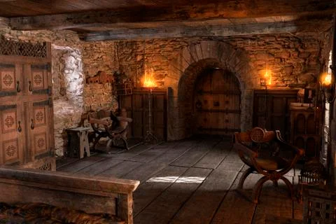 3D Rendering Medieval Bedroom Stock Illustration