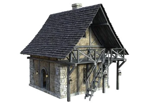 3D Rendering Medieval Building on White Ilustración de archivo