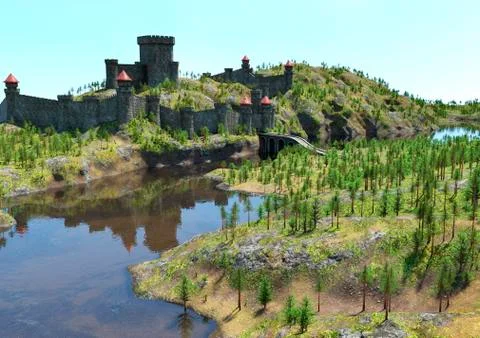 3D Rendering Medieval Landscape Stock Illustration