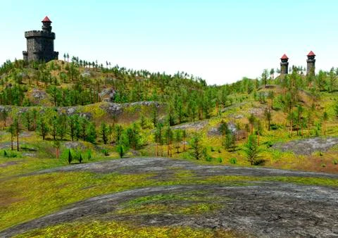 3D Rendering Medieval Landscape Stock Illustration