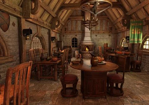 3D Rendering Medieval Tavern Illustrazione stock