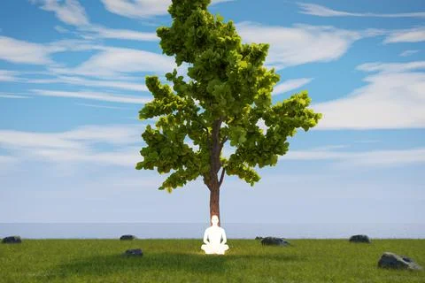 3D rendering of meditation man sitting on the grass in yoga lotus asana position Stock Illustration