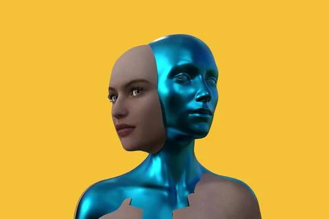 3D rendering. Merging two female heads on a yellow background. Stock Illustration