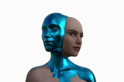 3D rendering. Merging two female heads on a white background. Stock Illustration