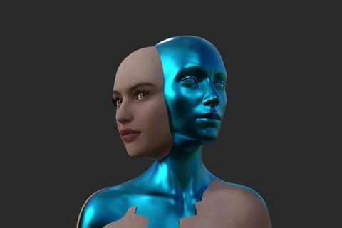 3D rendering. Merging two female heads on a black background. Stock Illustration