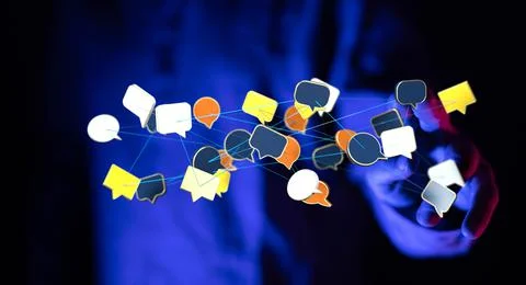 A 3d rendering of messaging and chatting cloud icons touched by a hand under  Stock Photos