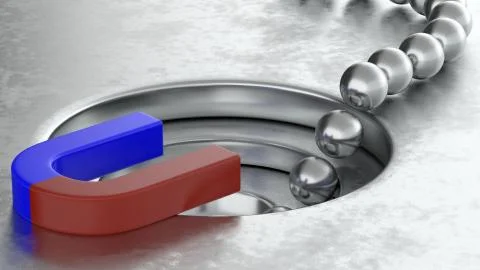 3D rendering of metal balls arrange with magnet and funnel conversion rate Illustrazione stock