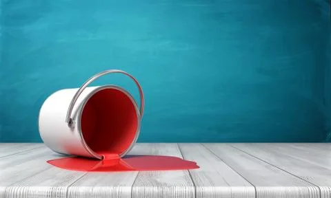 3d rendering of a metal bucket overturned on a wooden desk with red paint Stock-Illustration