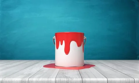 3d rendering of a metal bucket with red paint overflowing on its sides and on a Stock Illustration