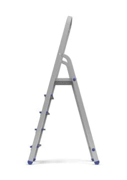3d rendering of a metal builder's step ladder with blue fittings in side view on Stock Illustration