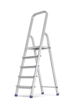 3d rendering of a metal builder's step ladder with blue fittings in side view on Stock Illustration