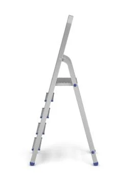 3d rendering of a metal builder's step ladder with blue fittings in side view on Stock Illustration