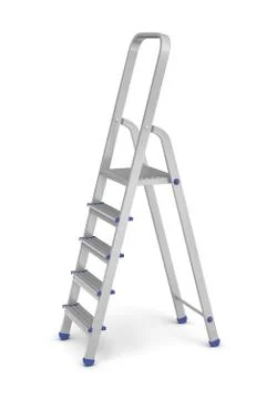 3d rendering of a metal builder's step ladder with blue fittings in side view on Illustrazione stock