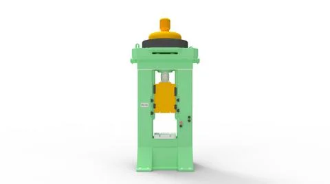 3D rendering of a metal forming press machine. Instrument tool to punch and Illustrazione stock