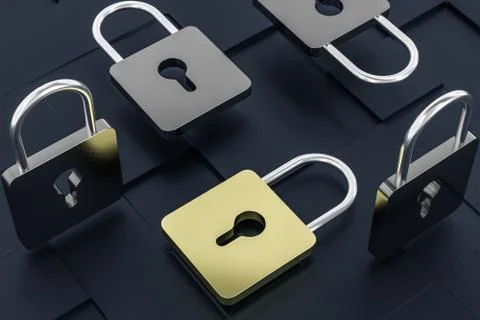 3d rendering, metal lock with digital concept background Stock Illustration