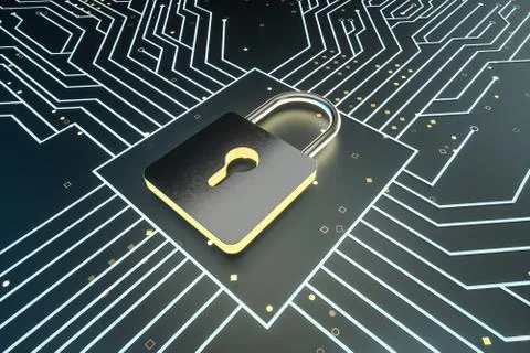 3d rendering, metal lock with digital concept background Illustrazione stock