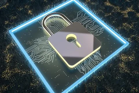 3d rendering, metal lock with digital concept background Illustrazione stock