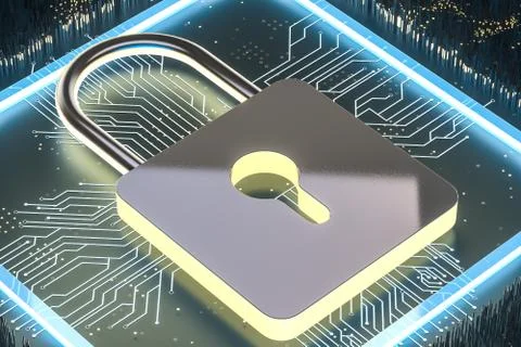 3d rendering, metal lock with digital concept background Illustrazione stock