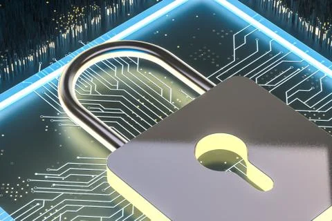 3d rendering, metal lock with digital concept background Illustrazione stock