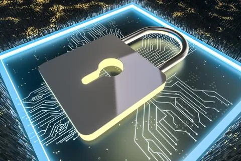 3d rendering, metal lock with digital concept background Stock Illustration