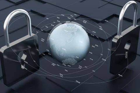 3d rendering, metal lock with digital concept background Illustrazione stock