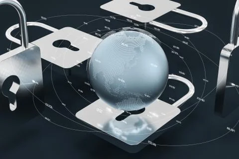 3d rendering, metal lock with digital concept background Illustrazione stock
